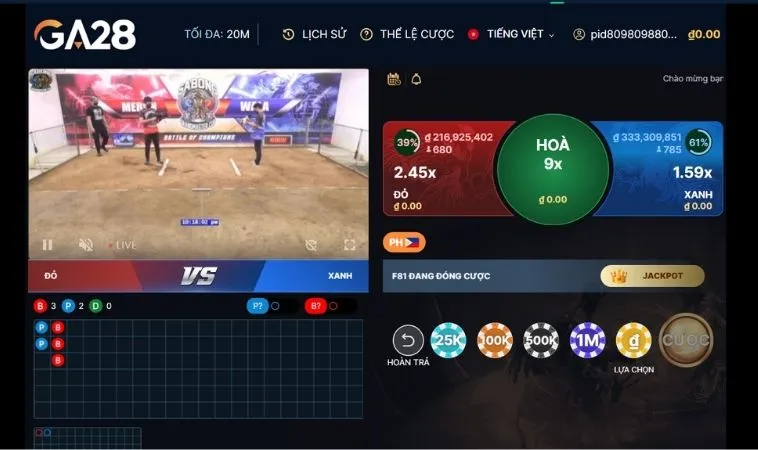 Giao diện đặt cược tại sảnh đá gà GA28 tại 789Win